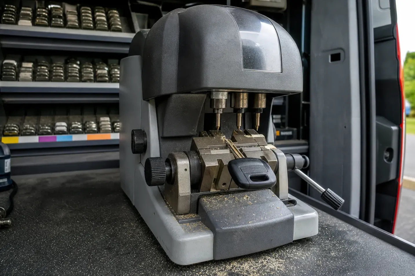 Key cutting machine in the service van